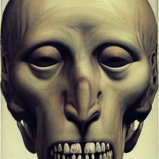 Prompt: A beautiful body art of of a giant head. The head is bald and has a big nose. The eyes are wide open and have a crazy look. The mouth is open and has sharp teeth. The neck is long and thin. ancient Greek architecture by Greg Girard, by Henry Fuseli balmy