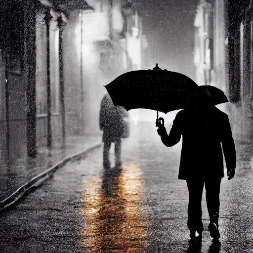 Image similar to A dramatic portrait painting of a man wearing yellow rain coat , holding red umbrella , walking in a black and white street . Cinematic lighting