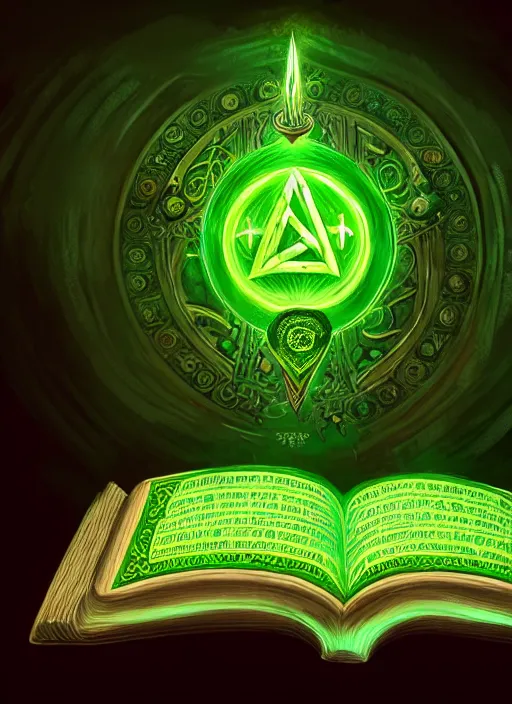 Image similar to illustration of a grand old book, arcane tome filled with green glowing runes, close up of book, runes, green glowing runes, intricate, elegant, candle light, highly detailed, digital painting, artstation, concept art, smooth, sharp focus, illustration, art by wlop, mars ravelo and greg rutkowski