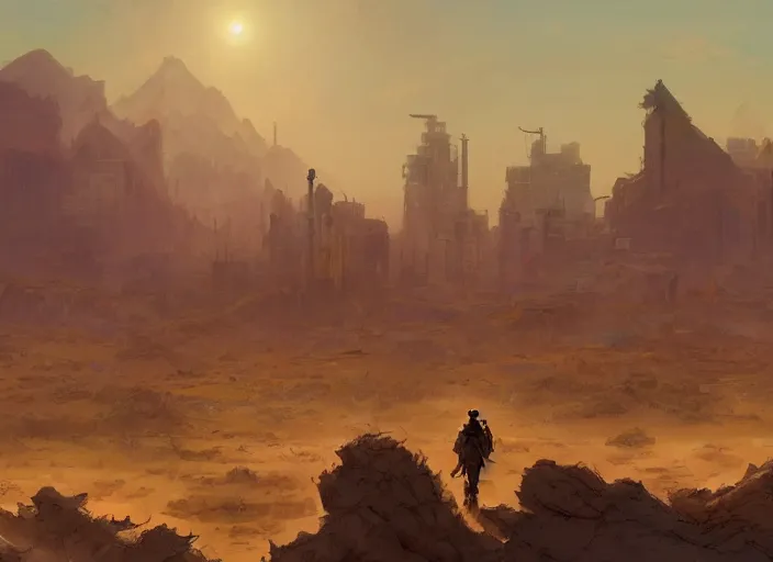 Image similar to detailed concept art background studio ghibli, soldier roaming through desert with city in the skyline, two suns, purple orange colors, sharp focus, illustration, highly detailed, digital painting, concept art, matte, art by wlop and artgerm and greg rutkowski, masterpiece