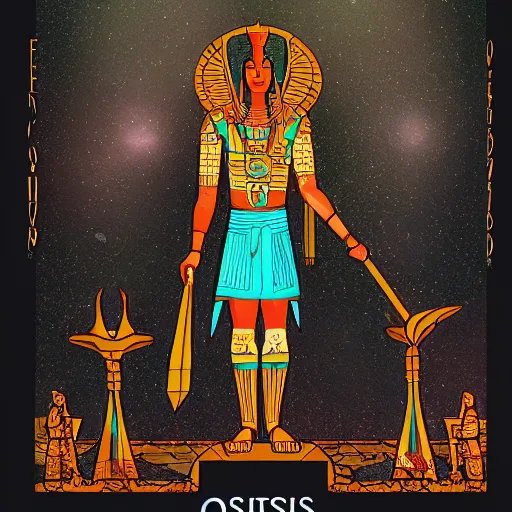 Prompt: osiris the god standing before a pyramid, d & d style, trending on artstation, colorful, intricate, art by kev chan