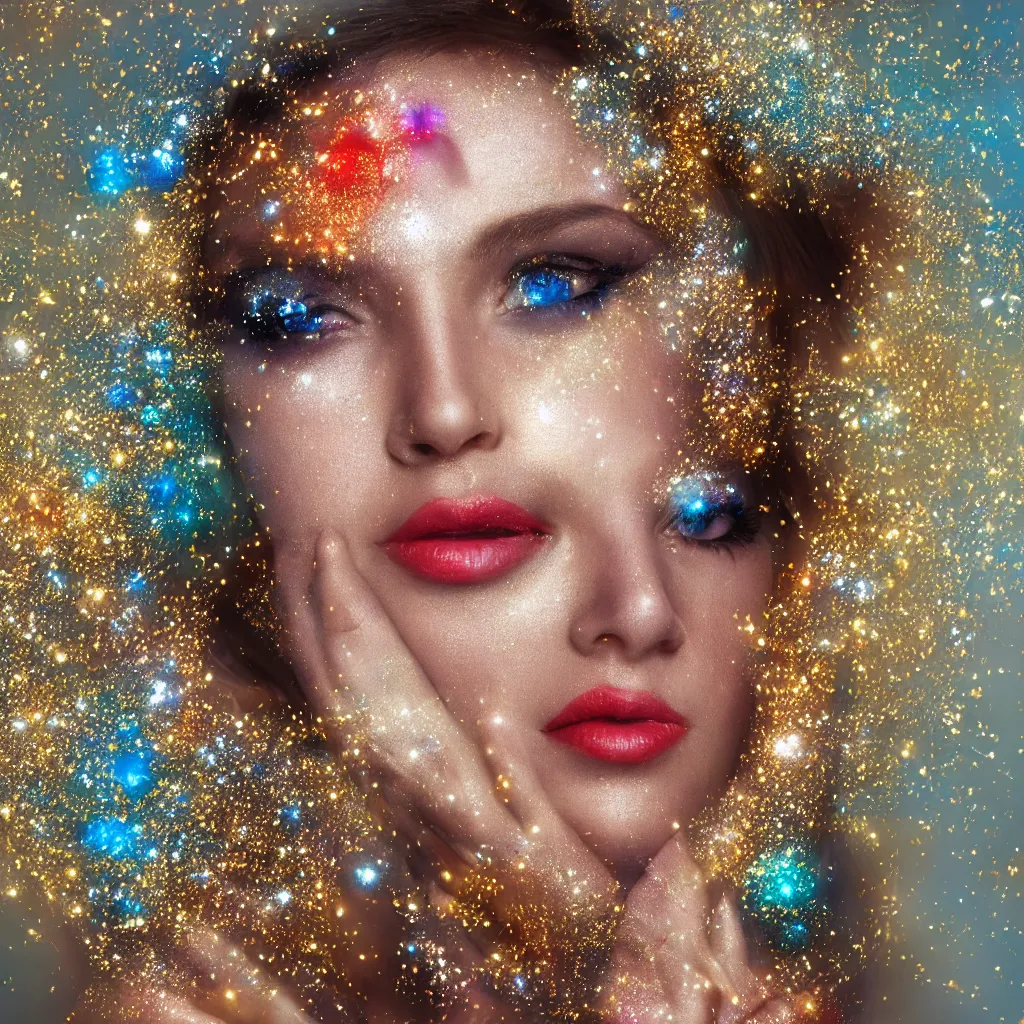 Image similar to portrait of a beautiful futuristic woman layered with high-tech jewelry wrapping around her face and head, golden-silver light with tiny blue, gold, and red gems scattered like dust