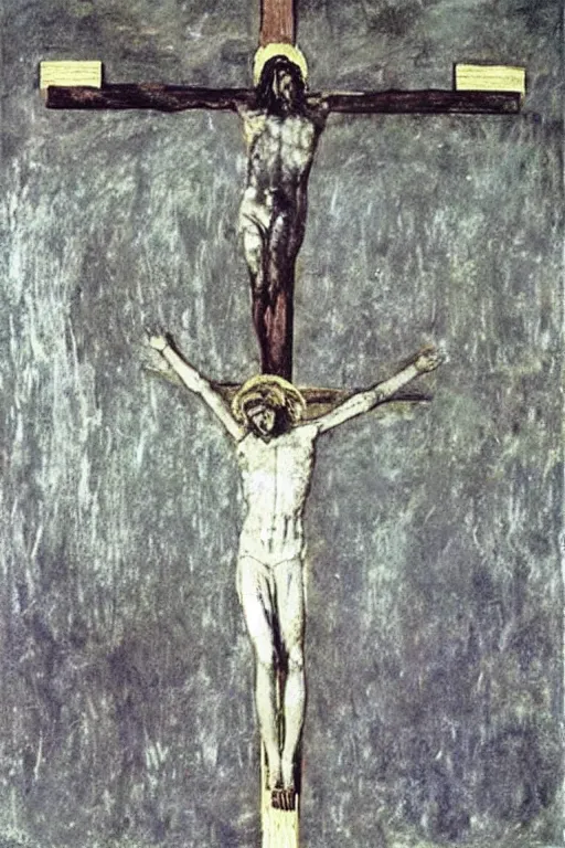 Image similar to bloody christ crucified and huge ufo of light in the sky painted by cy twombly and andy warhol