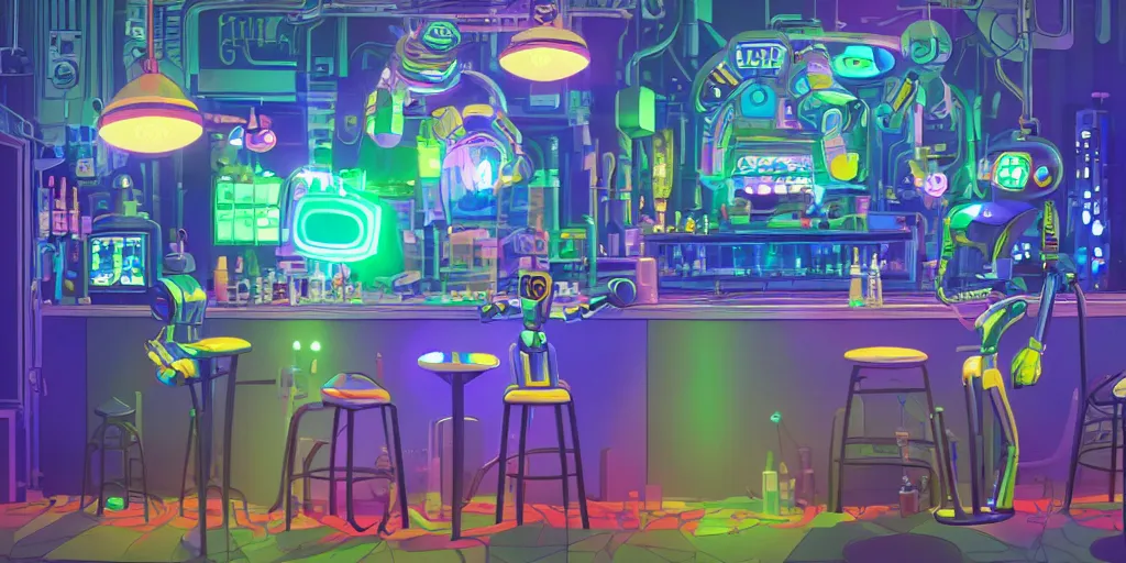 Prompt: a cute robot in a cyberpunk bar by chiho aoshima