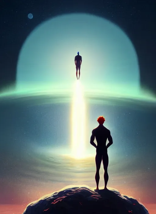 Prompt: symmetry!! landscape of a silhouette man standing on neptune, looking out into the vastness of space, digital art, art by artgerm greg rutkowski and andreas rocha, cinematic lighting, highly detailed, warm colours, 8 k