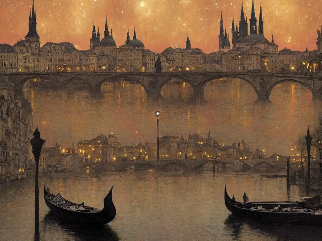 Image similar to a view from the river a city resembling prague, paris, and venice at night with a sky full of nebulas, intricate, elegant, highly detailed, digital painting, artstation, concept art, smooth, sharp focus, colored illustration for tattoo, art by l birge harrison and krenz cushart and artem demura and alphonse mucha,