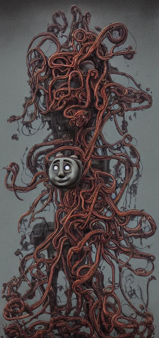 Image similar to thomas the tank engine in style of zdzisław beksinski, extremely dramatic lighting, 8 k, tendrils, black, darkness, black slime tendrils, infected, rust, body horror, thomas the train, thomas the tank engine face, horror,