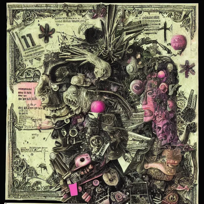 Image similar to post - punk new age album cover, asymmetrical design, dollar bank notes, capitalism, magic, apocalypse, psychedelic, black white pink, highly detailed, magic, giger h. r., giuseppe arcimboldo