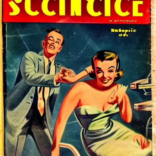 Prompt: 1950s Pulp Science Fiction Magazine Cover