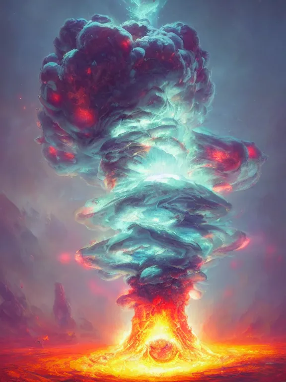 Image similar to photo of 8k ultra realistic nuclear explosion, mushroom cloud, full of colour, cinematic lighting, battered, trending on artstation, 4k, hyperrealistic, focused, extreme details,unreal engine 5, cinematic, masterpiece, art by Peter Mohrbacher