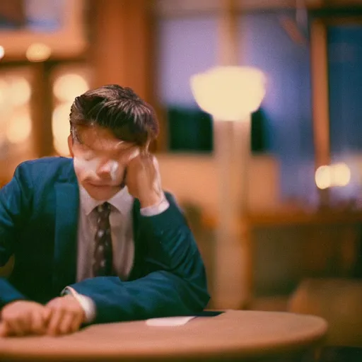 Prompt: A young man in a suit sits at a table on a martial green flannel, bokeh, cinestill