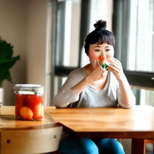 Image similar to chinese woman sitting at a table drinking juice out of a mason jar, award-winning, volumetric lighting, 8k, 4k, highly detailed, cinematic