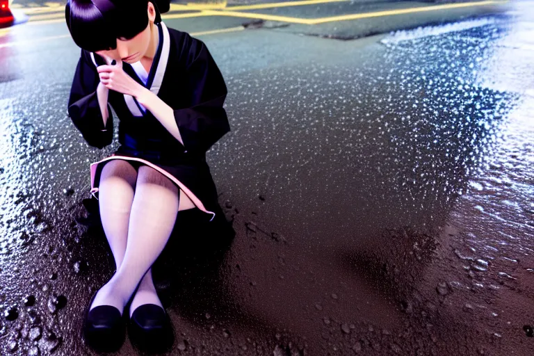 Image similar to Strict girl in Japanese maid's clothes and long stockings sits on the wet pavement in the parking lot at night in the rain
