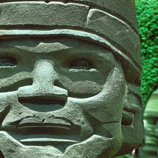 Prompt: imposing olmec head carved into a mossy stone wall with ornate incan patterns, pixelated screenshot from 1990s adventure video game in MS-DOS
