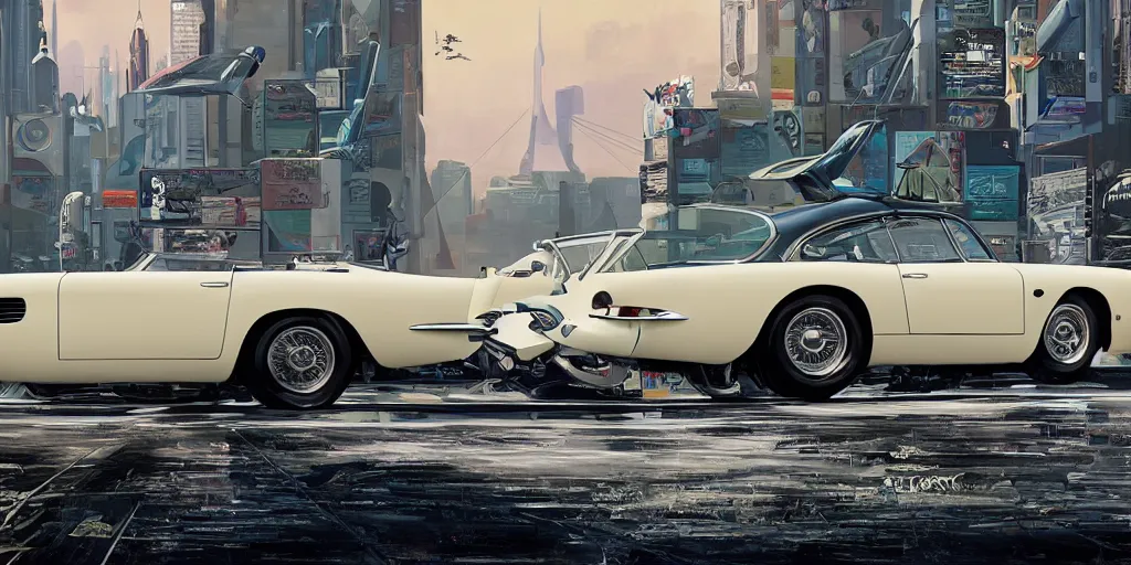 Image similar to art style by Ben Aronson and Edward Hopper and Syd Mead, wide shot view of the Cyberpunk 2077, on ground level. full view of the Aston Martin DB4 1958 with wide body kit modification and white pearl holographic paint.