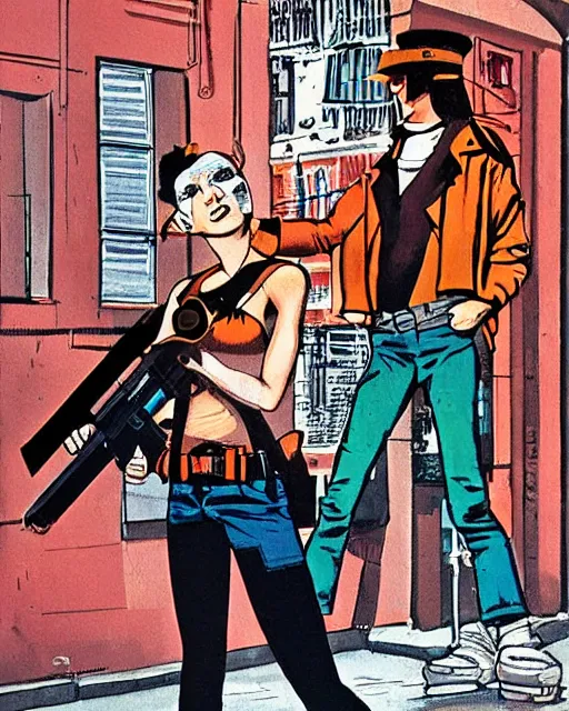 Image similar to punk girl pointing gun, city street, frank miller