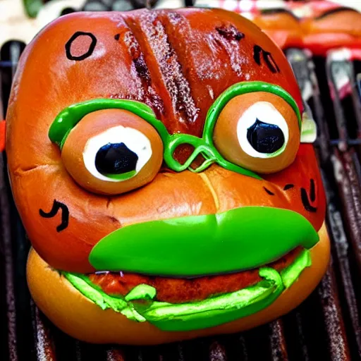 Image similar to pepe the frog in a hot dog bun piled on a grill