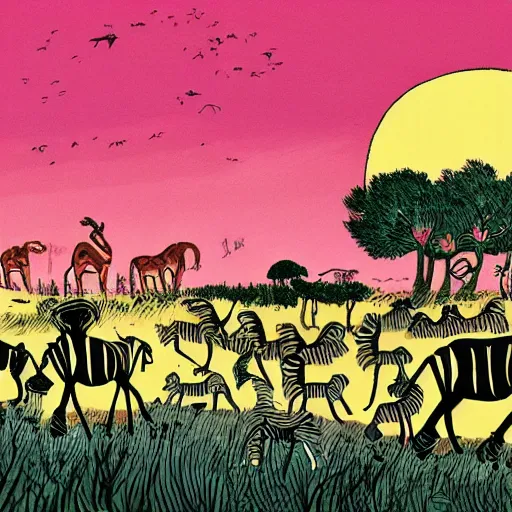 Image similar to quentin blake, mcbess illustration of a safari at sunset