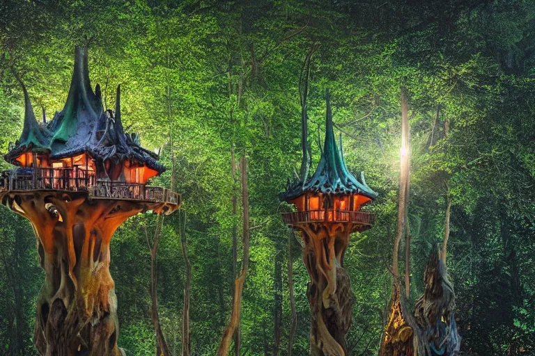 Image similar to treehouses from gaudi in a deep mystical forest, floating chinese lampoons, lake, waterfall, dynamic lighting, blockhaus architecture, night mood