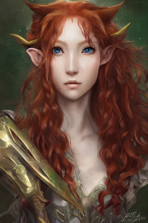 Image similar to A realistic anime portrait of long curly haired redhead female elf ranger wearing an intricate fantasy ranger outfit, asian facial features, green eyes, digital painting, by Stanley Artgerm Lau, Sakimichan, WLOP and Rossdraws, digtial painting, trending on ArtStation, SFW version