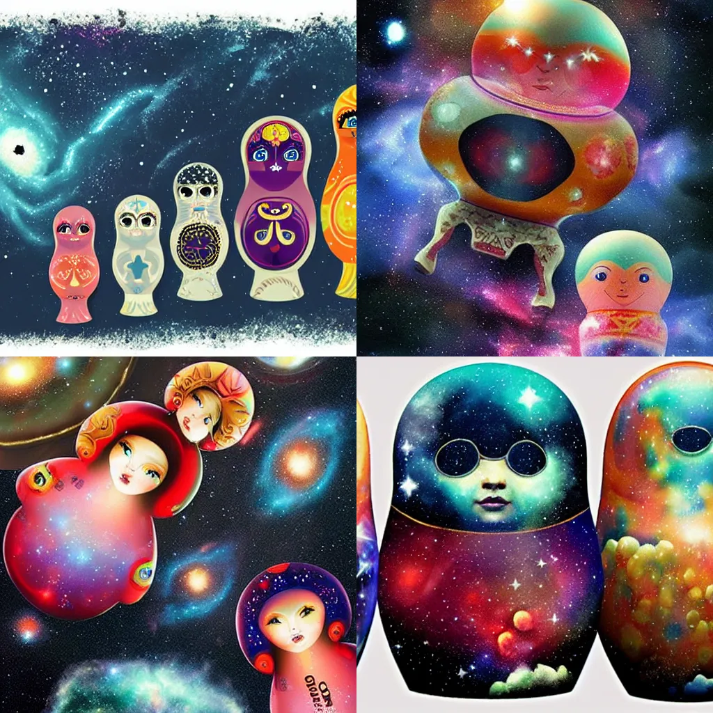 Prompt: russian dolls in cosmos with nebulas, galaxies and supernovas, concept art for a Hollywood movie