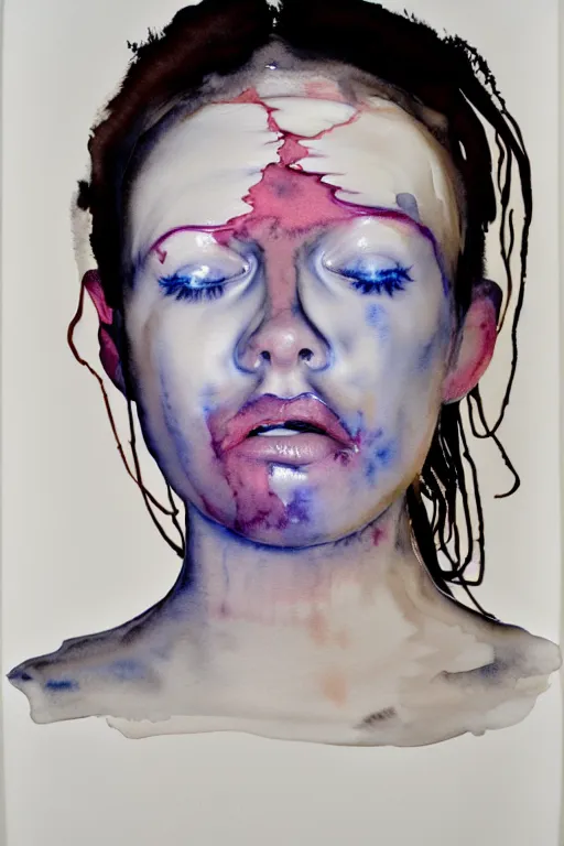 Image similar to watercolor in wet paper, a liquid white clay porcelain portrait of a face melt down flow go runny by marlene dumas, body painted with white thick fluid, detailed watercolor, grainy, contrast