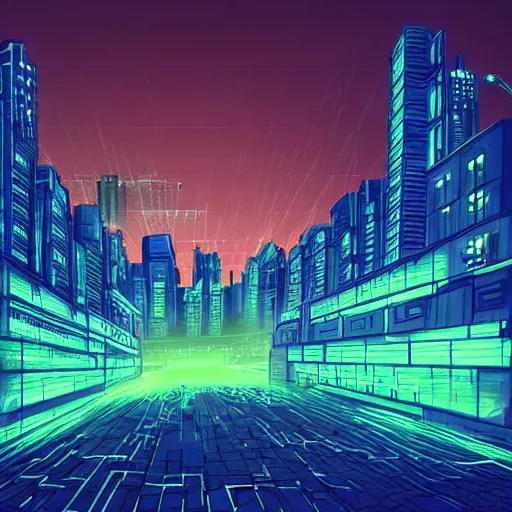 Prompt: dystopian neon city at night