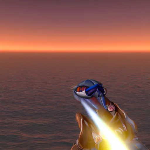 Prompt: high quality photo of star fox looking out at the ocean at sunset realism 8k award winning photo