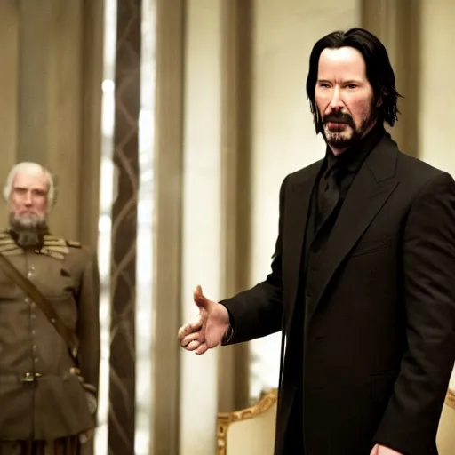 Image similar to A still of Keanu Reeves as President Snow in The Hunger Games (2012)