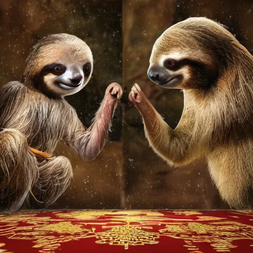 Prompt: a sloth vs reindeer kung fu style in a dojo, facing each other, aggressive sloth vs a muscled reindeer, best photo award, high quality 8 k, cinematic lighting, painting by kusama, high detail, realism : 9 5 %