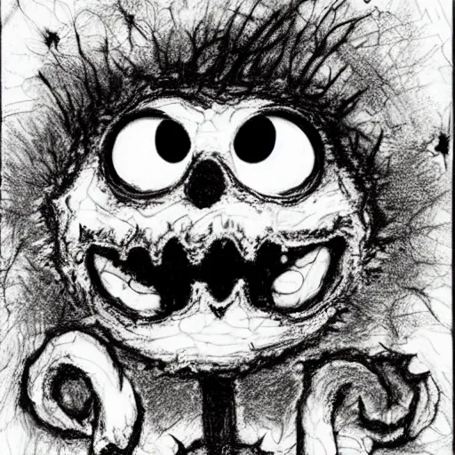 Prompt: grunge drawing of elmo by mrrevenge, corpse bride style, horror themed, accurate