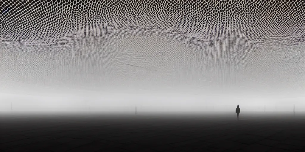 Image similar to white honeycomb organic illuminated building with warm illumination inside by kendall buster sits on the field evening atmosphere in low fog, 4 k, insanely quality, highly detailed, film still from the movie directed by denis villeneuve with art direction by zdzisław beksinski, telephoto lens, shallow depth of field
