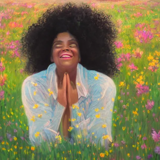 Prompt: pregnant black woman with curly hair in a vast field of flowers, laying down, a tiny black puppy running around, golden hour, vintage, impressionist painting, fine art, oil painting, dreamy, pastel, laughing, happy, intricate details, sharp, peaceful, serene