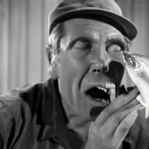 Prompt: a screen still of a man chewing on a carp from an episode of the twilight zone