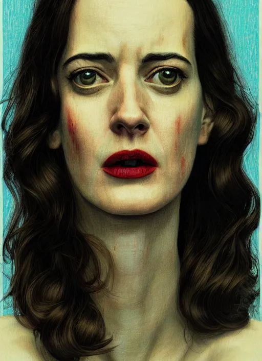 Prompt: twin peaks movie poster art, portrait of a very sweaty eva green with ecstatic face, from scene from twin peaks, clean, simple illustration, nostalgic, domestic, highly detailed, digital painting, artstation, concept art, smooth, sharp focus, illustration, artgerm, donato giancola, joseph christian leyendecker, wlop