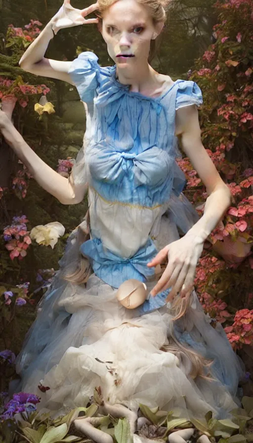 Prompt: epic masterpiece alice in wonderland, sweaty skin, hyperrealistic, octane render, cinematic, beautiful face and flawless skin, perfect hands, 5 fingers, blue, by Edgar Maxence and Ross Tran and Michael Whelan, Legends of Runeterra