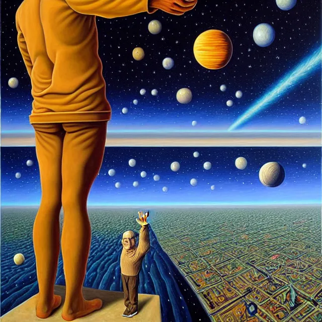 Prompt: an oil on canvas portrait of a man realizing he is the one with the universe, surrealism, surrealist, cosmic horror, rob gonsalves, high detail