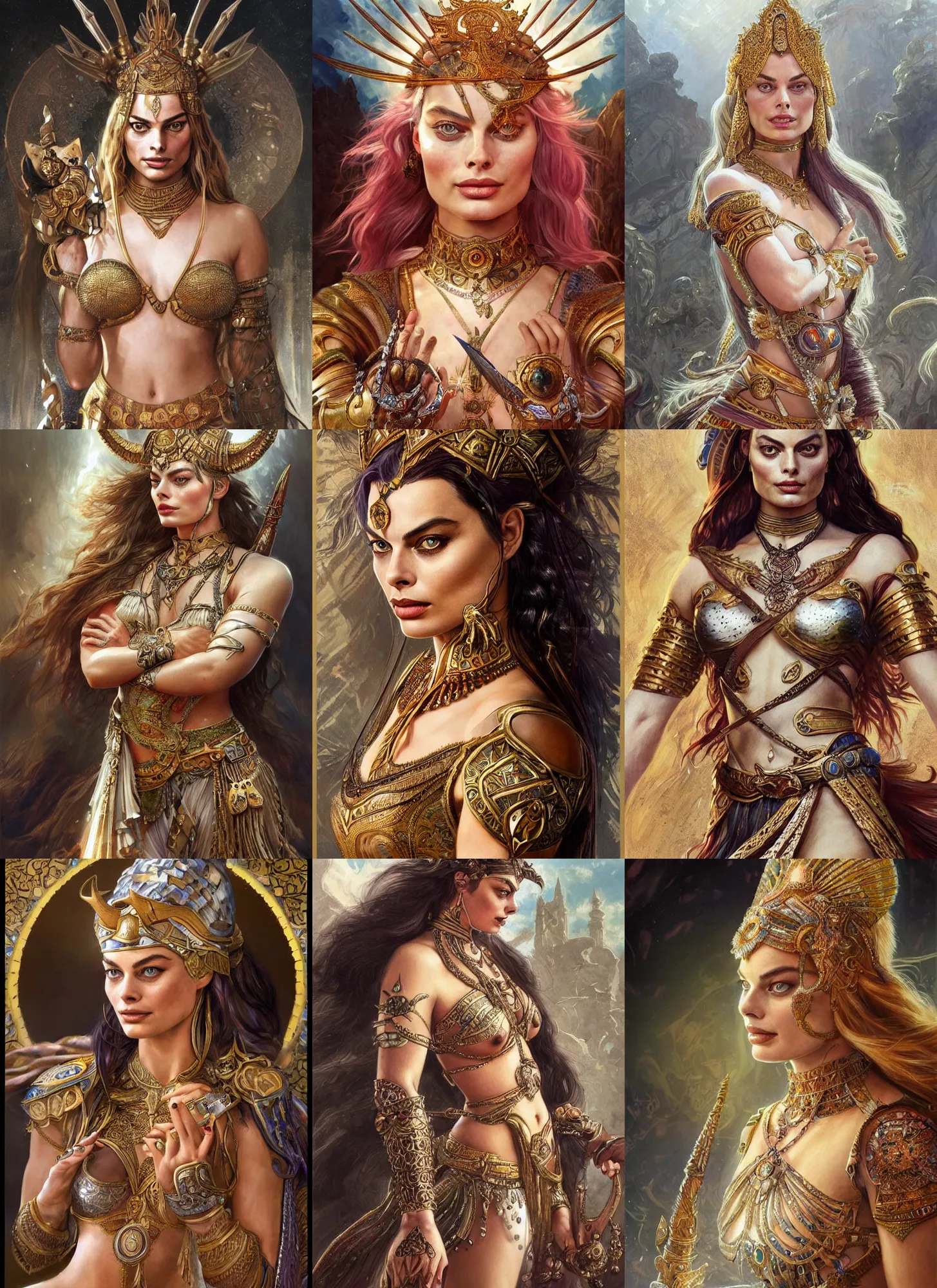 Prompt: Margot Robbie as an Persian Warrior Goddess, cute, fantasy, intricate, elegant, highly detailed, digital painting, 4k, HDR, concept art, detailed jewelry, smooth, sharp focus, head and waist potrait, art by Artgerm and H R Giger and Greg Rutkowski and Alphonse Mucha