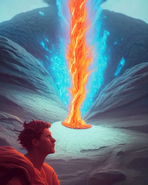 Image similar to highly detailed surreal vfx portrait of a futuristic fire mage in a volcano with lava, stephen bliss, unreal engine, greg rutkowski, loish, rhads, beeple, makoto shinkai and lois van baarle, ilya kuvshinov, rossdraws, tom bagshaw, alphonse mucha, global illumination, detailed and intricate environment