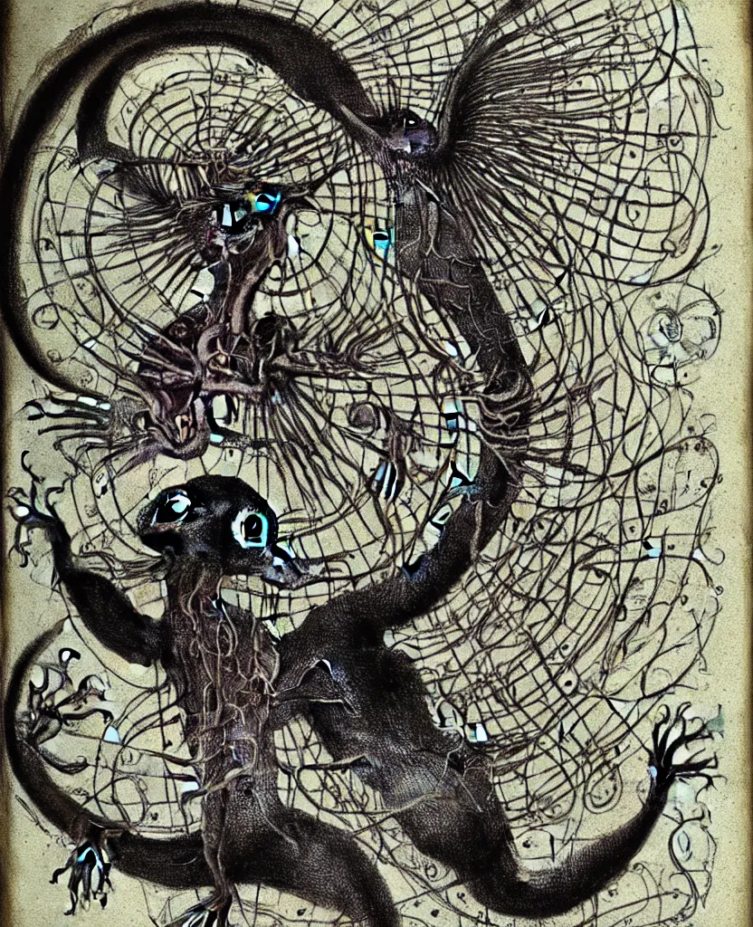 Image similar to whimsical freaky creature sings a unique canto about'as above so below'being ignited by the spirit of haeckel and robert fludd, breakthrough is iminent, glory be to the magic within, painted by ronny khalil