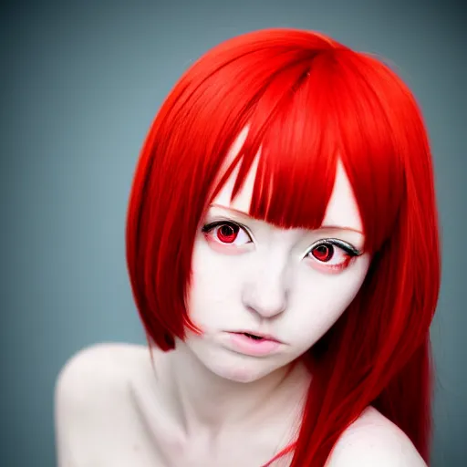 Image similar to anime girl with red hair, confused facial expression, in red dress, portrait, by sakimichan