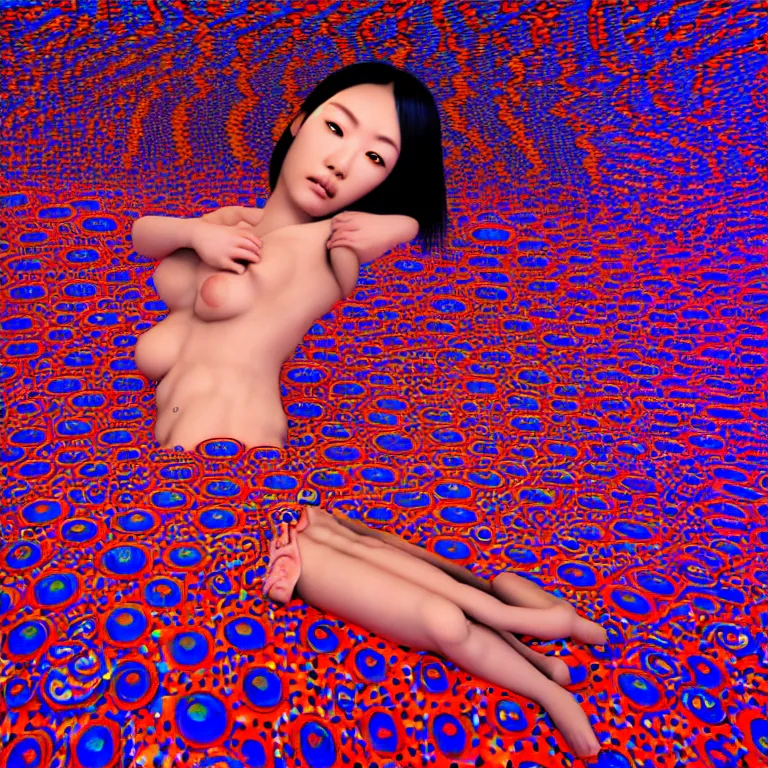 Prompt: realistic detailed image of a japanese model laying in a padded room, 8 k conjuring psychedelic background, part by yayoi kusama, part by alex gray, part by ross tran, part by james jean, ultra realistic, highly detailed, life like face, detailed body, 8 k, octane render, trending on artstation, very cohesive, masterpiece