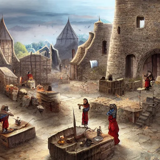 Image similar to medieval township with various workers performing different crafts, homes blacksmiths and smoked chimneys, epic, cinematic, high quality digital art, fantasy