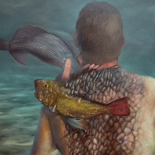 Prompt: Photorealistic picture of a person with the head of a fish