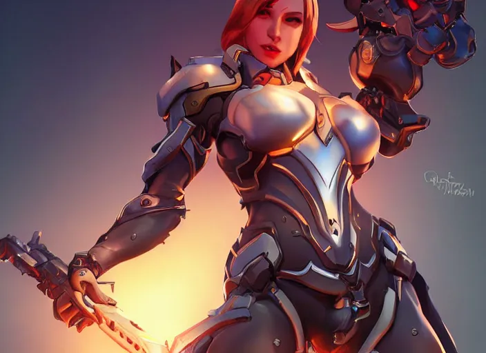 Image similar to poster!! beautiful new female character for overwatch, character concept art, action pose, illustration, full body armor, steel plating, huge weapon, super powers, athletic, long red hair, symmetry, intricate design, shiny, highly detailed, hd, dramatic lighting, art by artgerm and greg rutkowski