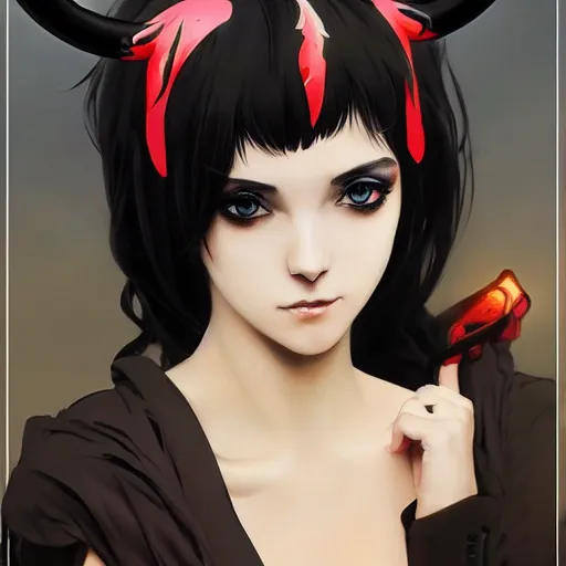 Prompt: a beautiful anime girl wtih balck horns and single eye mask,full body painting,by Greg Rutkowski and Ilya Kuvshinov and Alphonse Maria Mucha,super clear detailed,hyper realistic,trending on artstation,8k