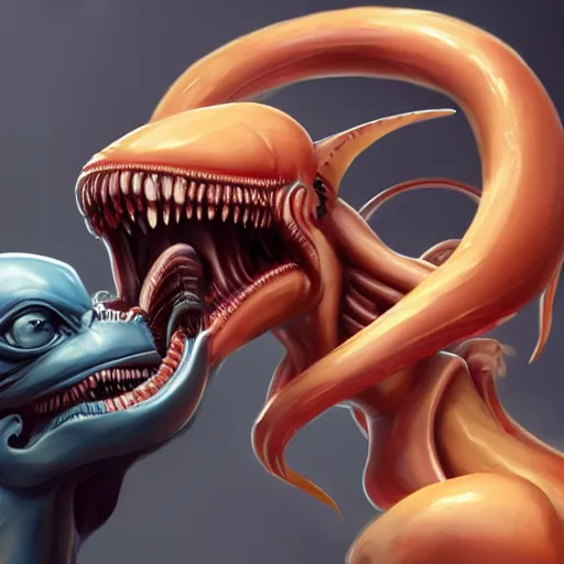 Prompt: sona movsesian being licked menacingly by an xenomorph, highly detailed, photorealistic, slime, saliva, artstation, smooth