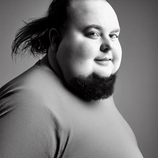 Prompt: an obese man with an extremely fat face and dark neck beard, long ponytail styled hair, confident looking, black and white photo, softbox studio lighting