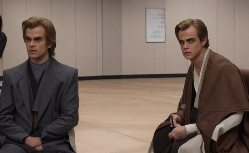 Prompt: anakin skywalker played by hayden christensen wearing jedi robes talking to a lawyer saul goodman wearing a suit in court, better call saul court scene 1 0 8 0 p, jimmy mcgill in court, court session images, realistic faces