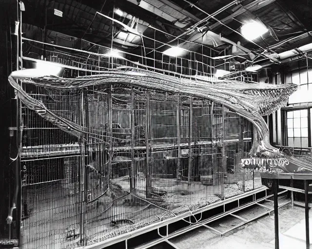 Image similar to scientists studying quetzalcoatl locked in a cage in a warehouse, 1 9 5 0's sci - fi, black and white, 8 k, highly ornate intricate details, extreme detail,